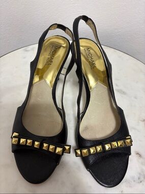 Michael Kors Black Slingback Heels with Gold Pyramid Studs